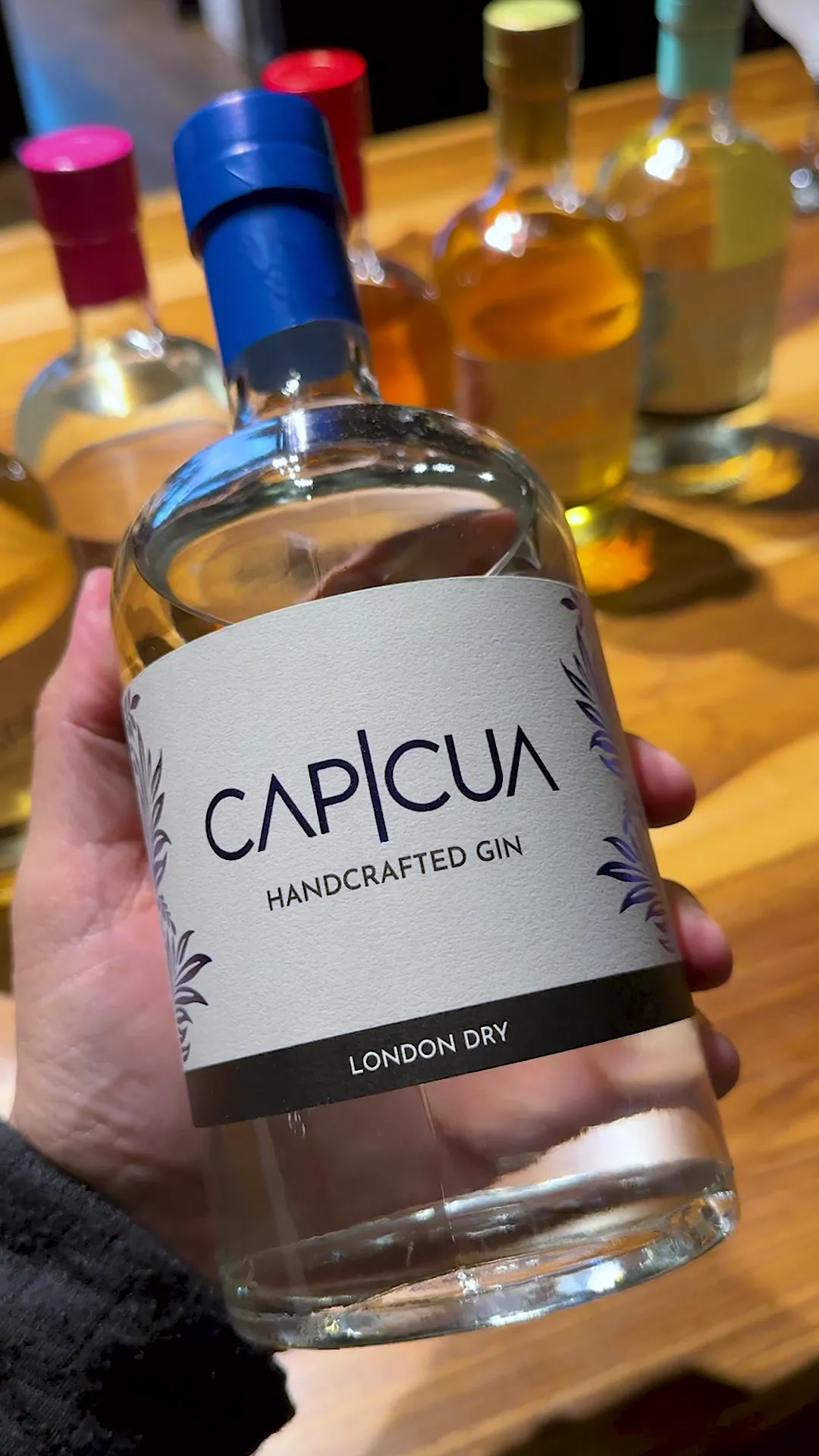 Botella de London Dry CAPICÚA sostenida frente a la barra